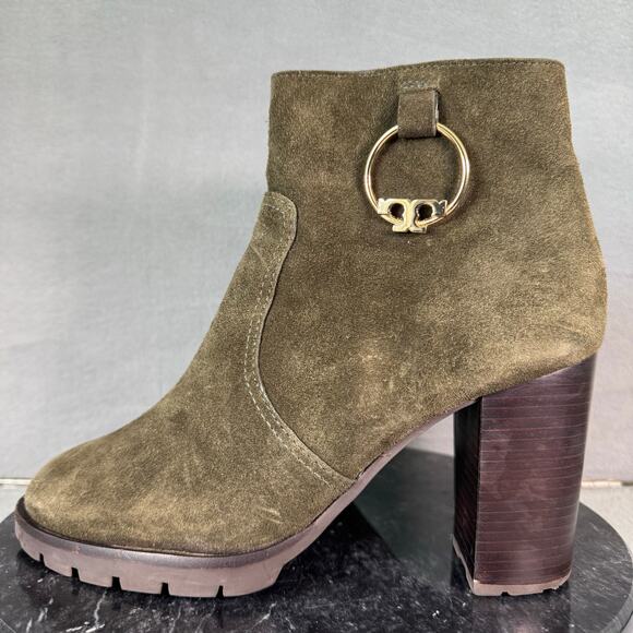 Tory Burch Sofia Lug Sole Ankle Bootie Heel Green Suede Women’s Size 9M US